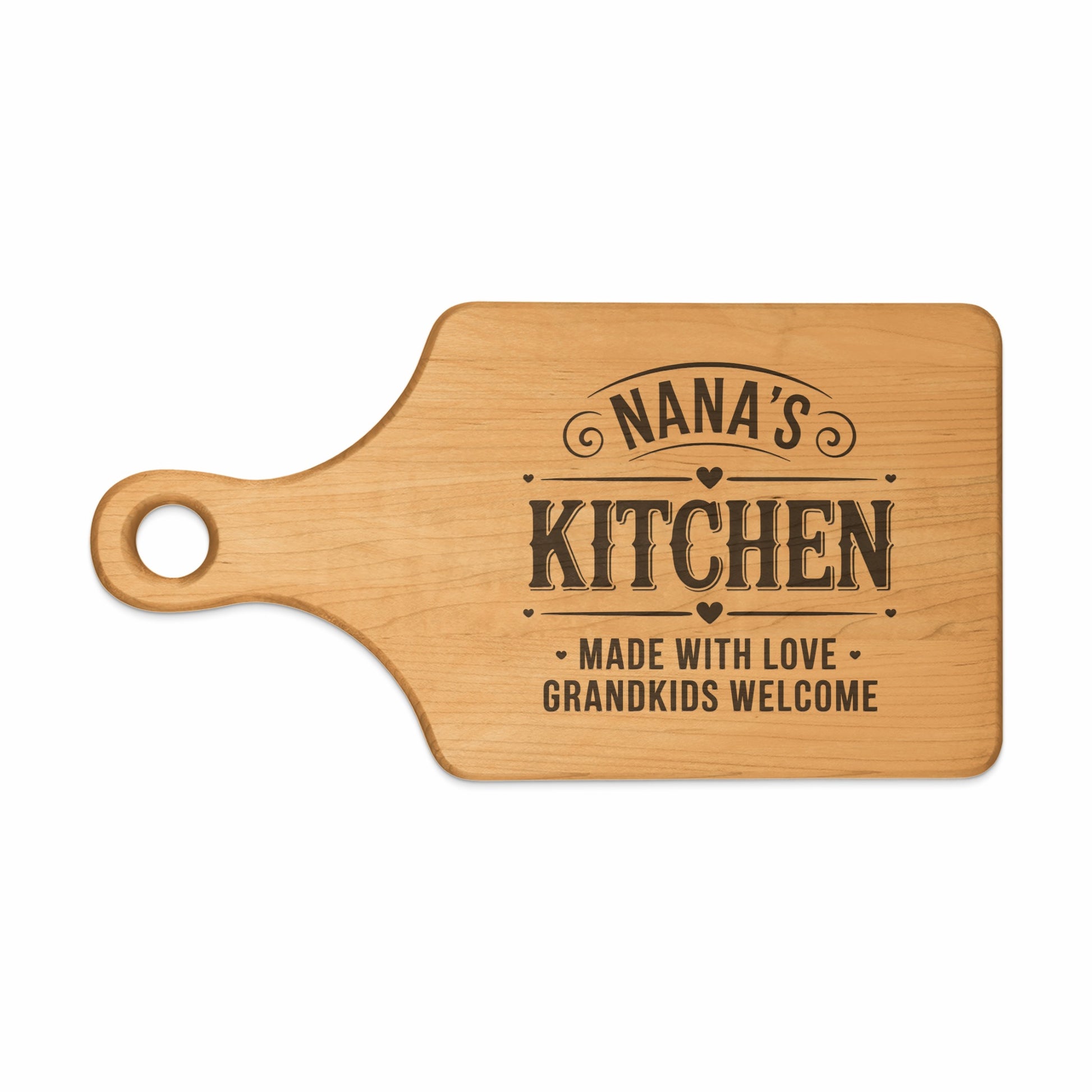 Wooden cutting board with "Nana's Kitchen" and "Made with Love, Grandkids Welcome" text.