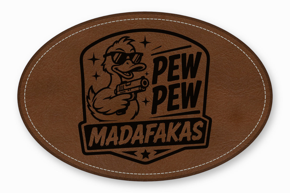 Oval brown leather patch with white stitched border featuring a duck holding a gun and text.
