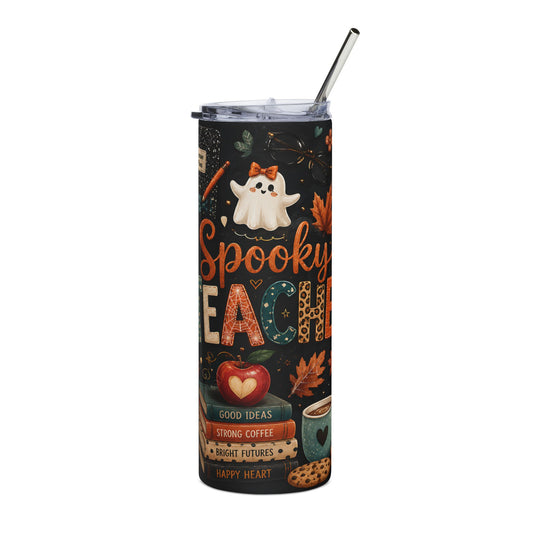 Spooky Teacher tumbler with ghost, books, apple, and fall leaves.
