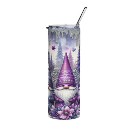 Tumbler with a watercolor design of purple gnomes, pine trees, and snowflakes.