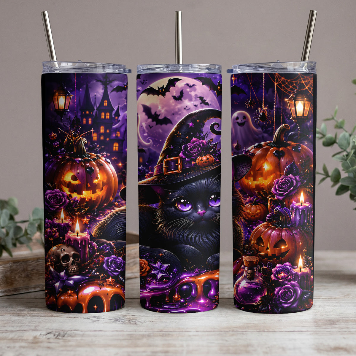 Three tumblers with Halloween themes featuring a black cat, pumpkins, ghosts, and spooky castles.