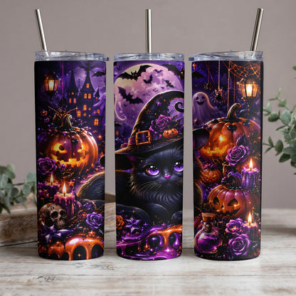 Three tumblers with Halloween themes featuring a black cat, pumpkins, ghosts, and spooky castles.