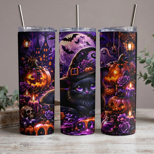 Three tumblers with Halloween themes featuring a black cat, pumpkins, ghosts, and spooky castles.