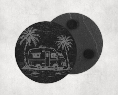 Round slate coaster with etched image of a vintage RV and palm trees.