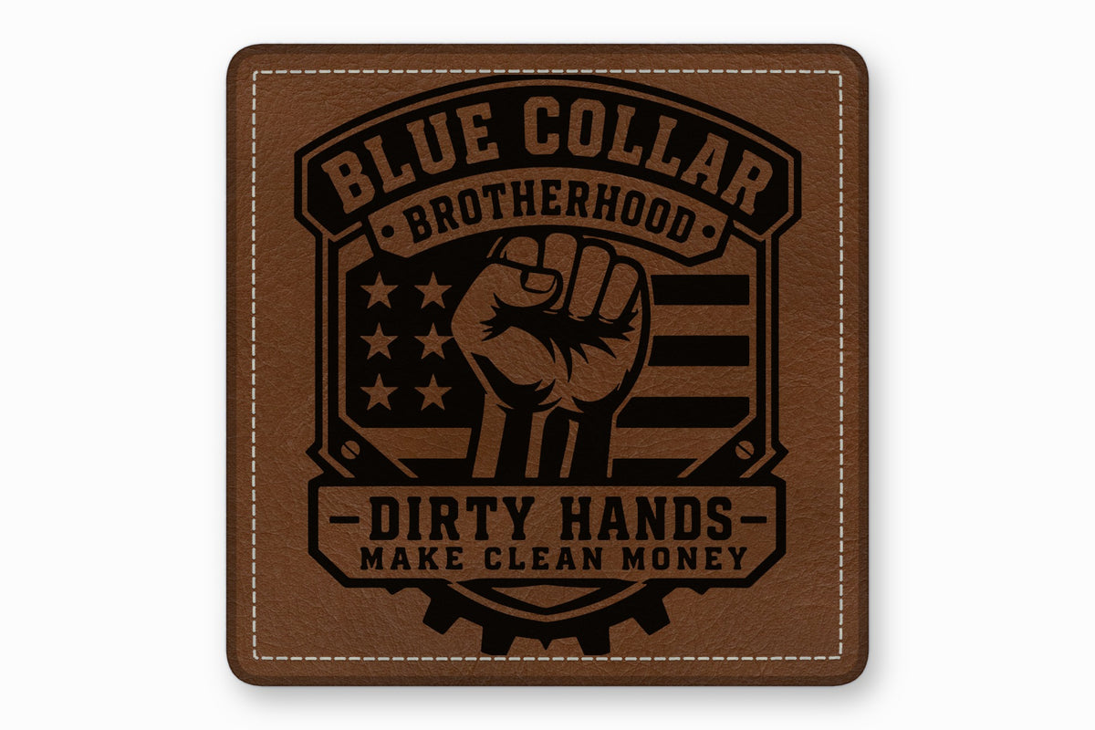 Square brown leather patch with white stitched border and a black engraved graphic featuring a raised fist and text.