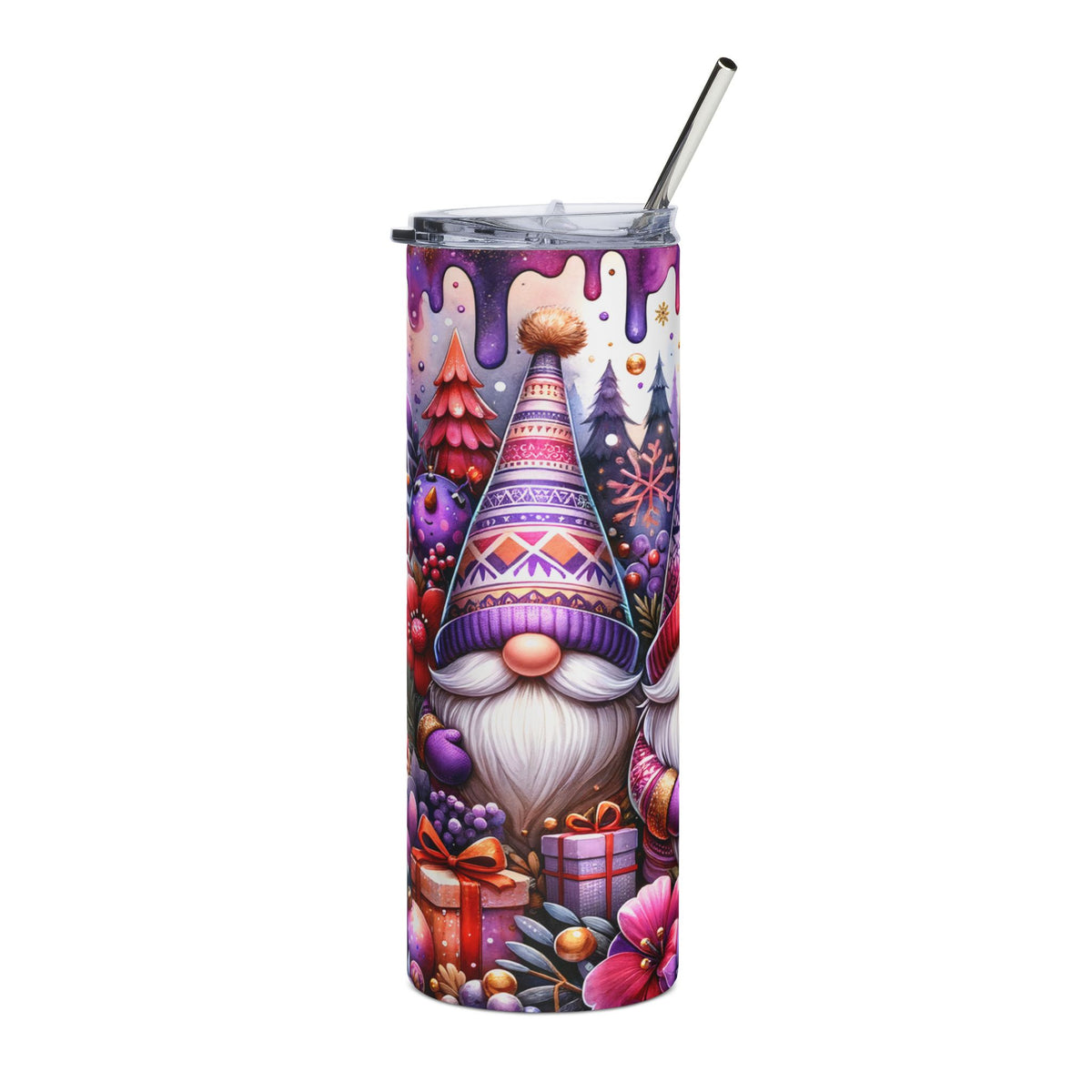 Tumbler with gnomes, gifts, and festive trees.