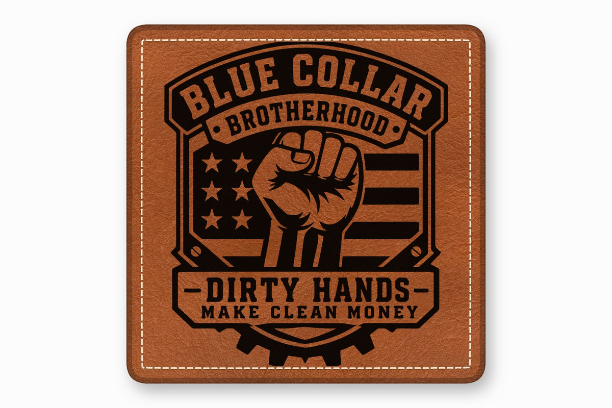 Square brown leather patch with white stitched border, featuring a raised fist and patriotic text.