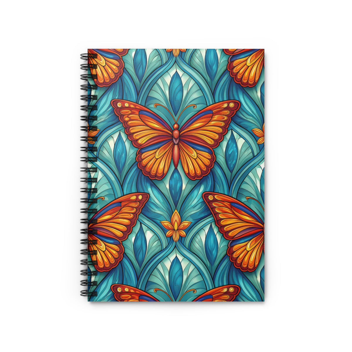 Spiral-bound notebook with a colorful butterfly and teal floral pattern.