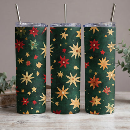 Three tumblers with a dark green background and scattered red and gold star patterns.