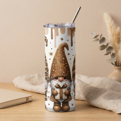 Tumbler with cute gnomes holding presents and leopard print accents.