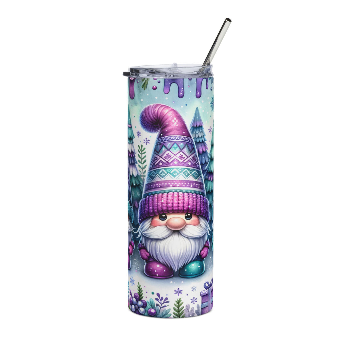 Tumbler with a gnome wearing a purple patterned hat and scarf, surrounded by trees.