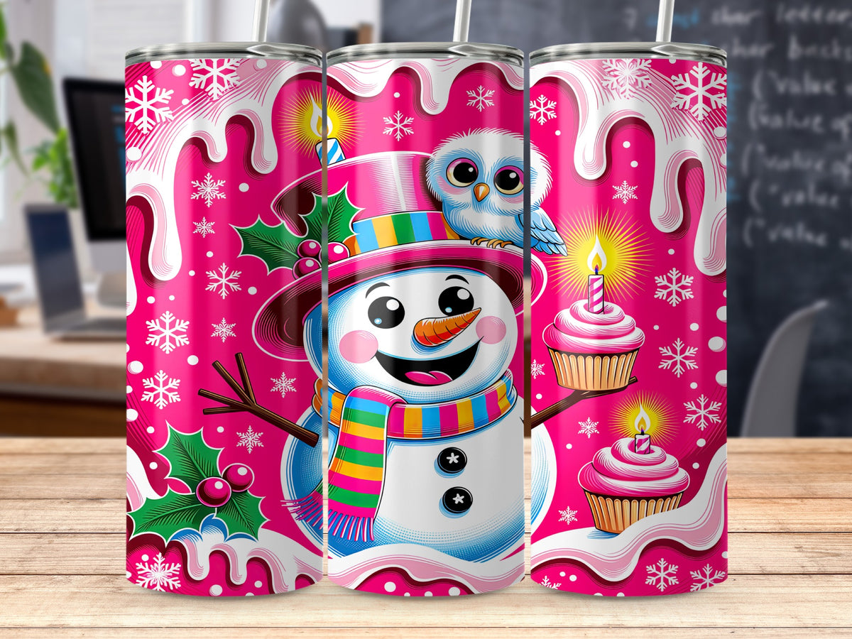 Snowman with owl, cupcakes, and snowflakes on a pink background.