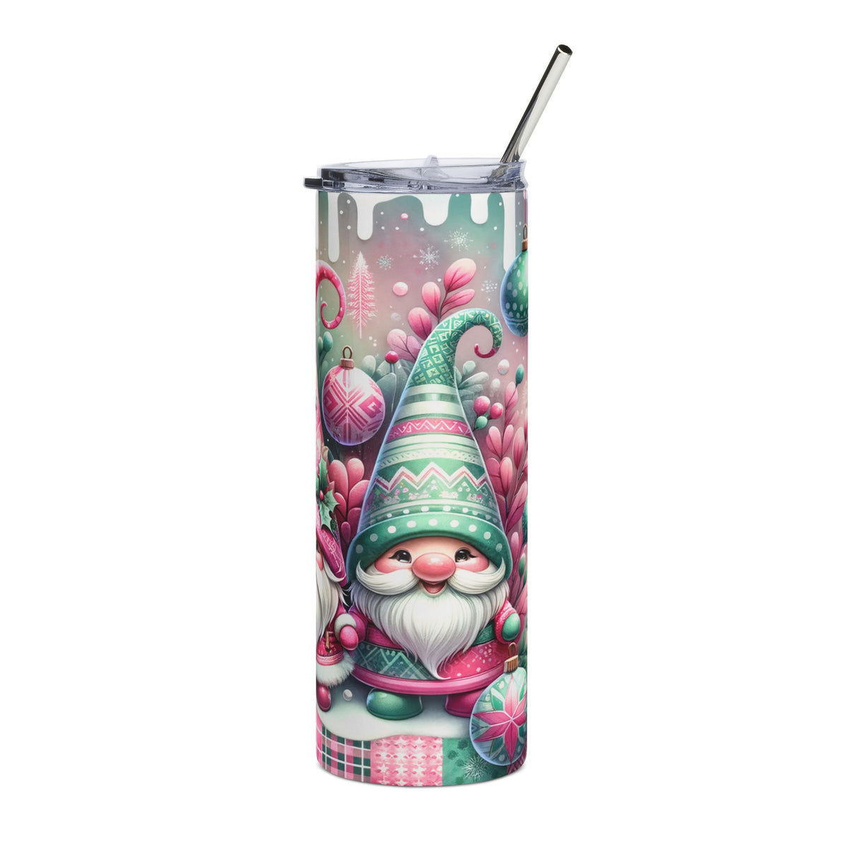 Tumbler with Christmas gnomes, ornaments, and festive winter foliage pattern.