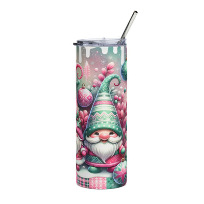 Tumbler with Christmas gnomes, ornaments, and festive winter foliage pattern.