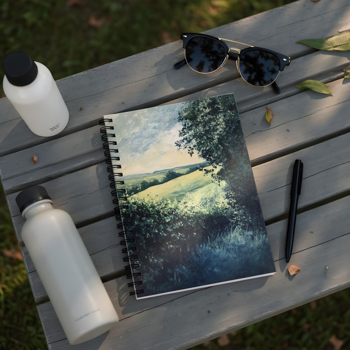 Spiral notebook with landscape painting, two water bottles, sunglasses, and a pen.