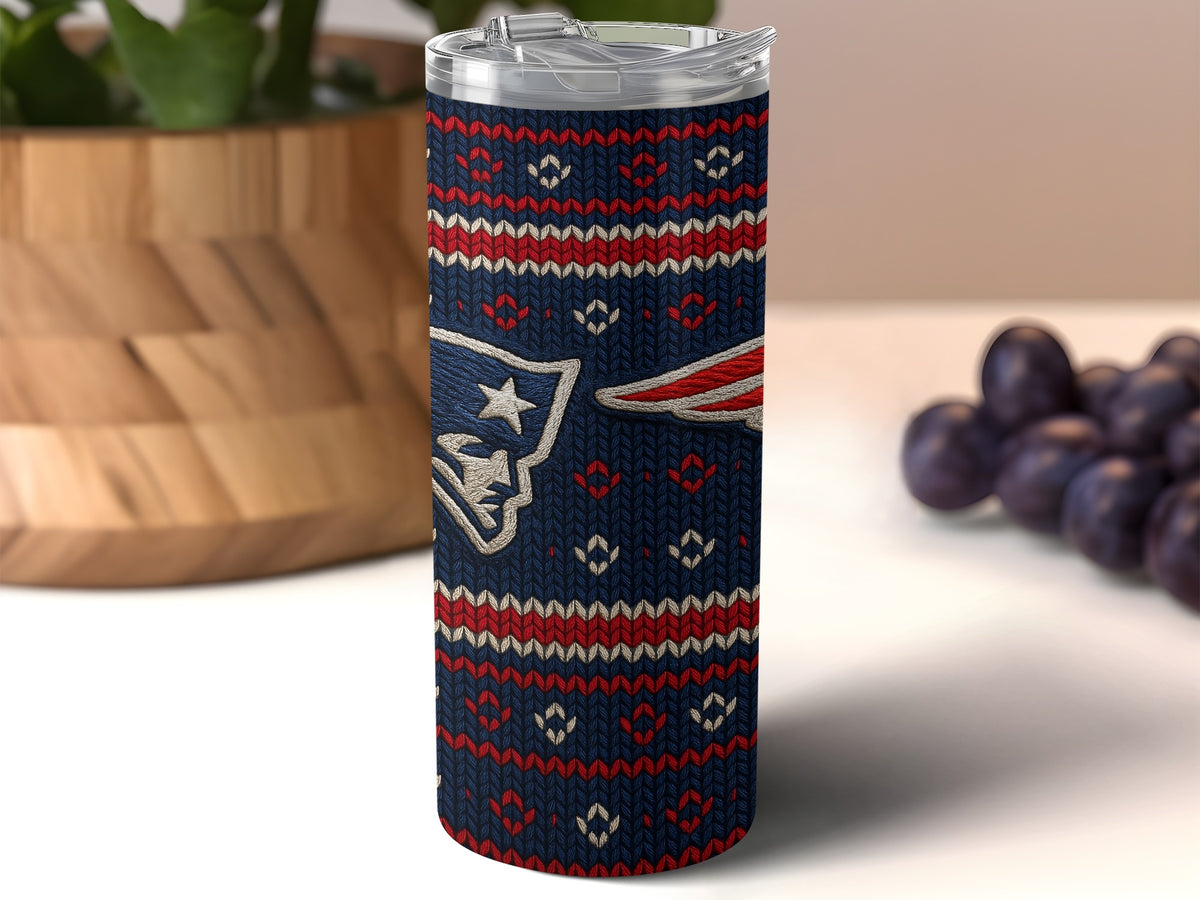 New England Patriots tumbler with navy blue, red, and tan knit pattern and logo.