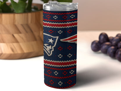 New England Patriots tumbler with navy blue, red, and tan knit pattern and logo.