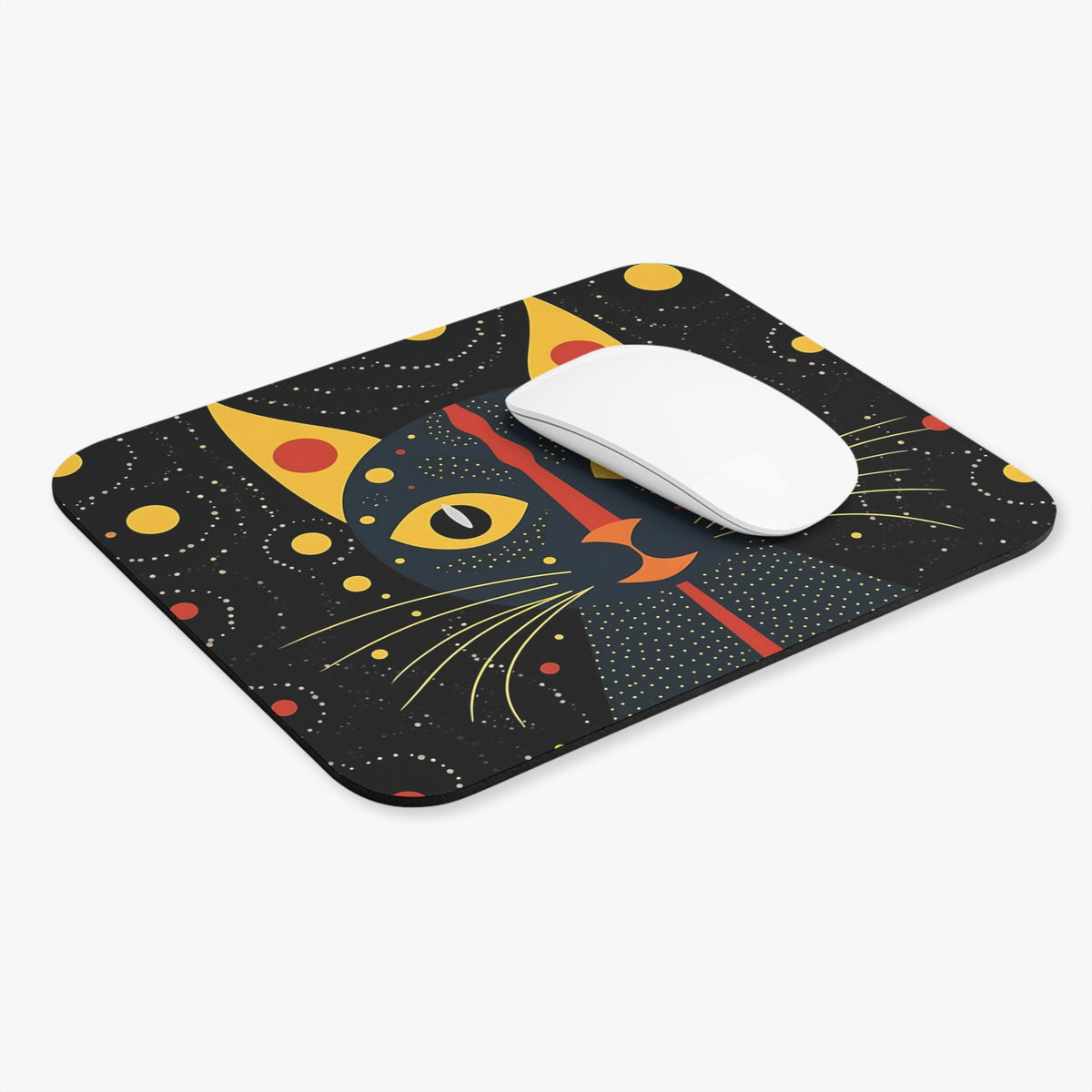 A rectangular mouse pad with a stylized black cat illustration features a white computer mouse resting on top.