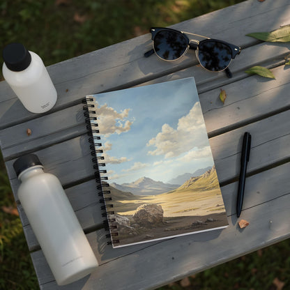 Spiral notebook with a landscape painting on an outdoor wooden table.
