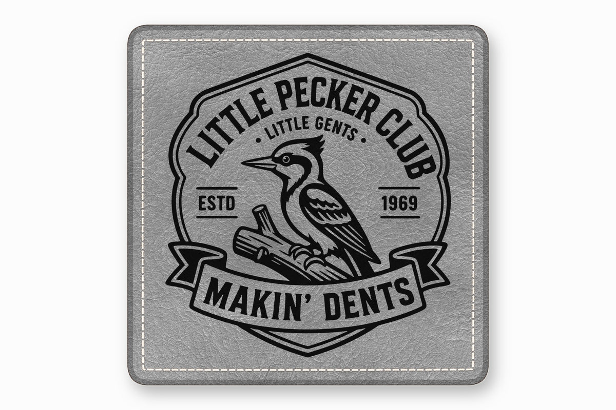 Square grey leatherette patch featuring a black embroidered emblem of a woodpecker, text, and banner.