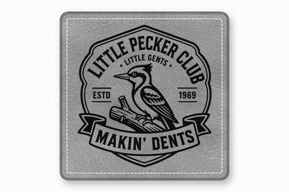 Square grey leatherette patch featuring a black embroidered emblem of a woodpecker, text, and banner.