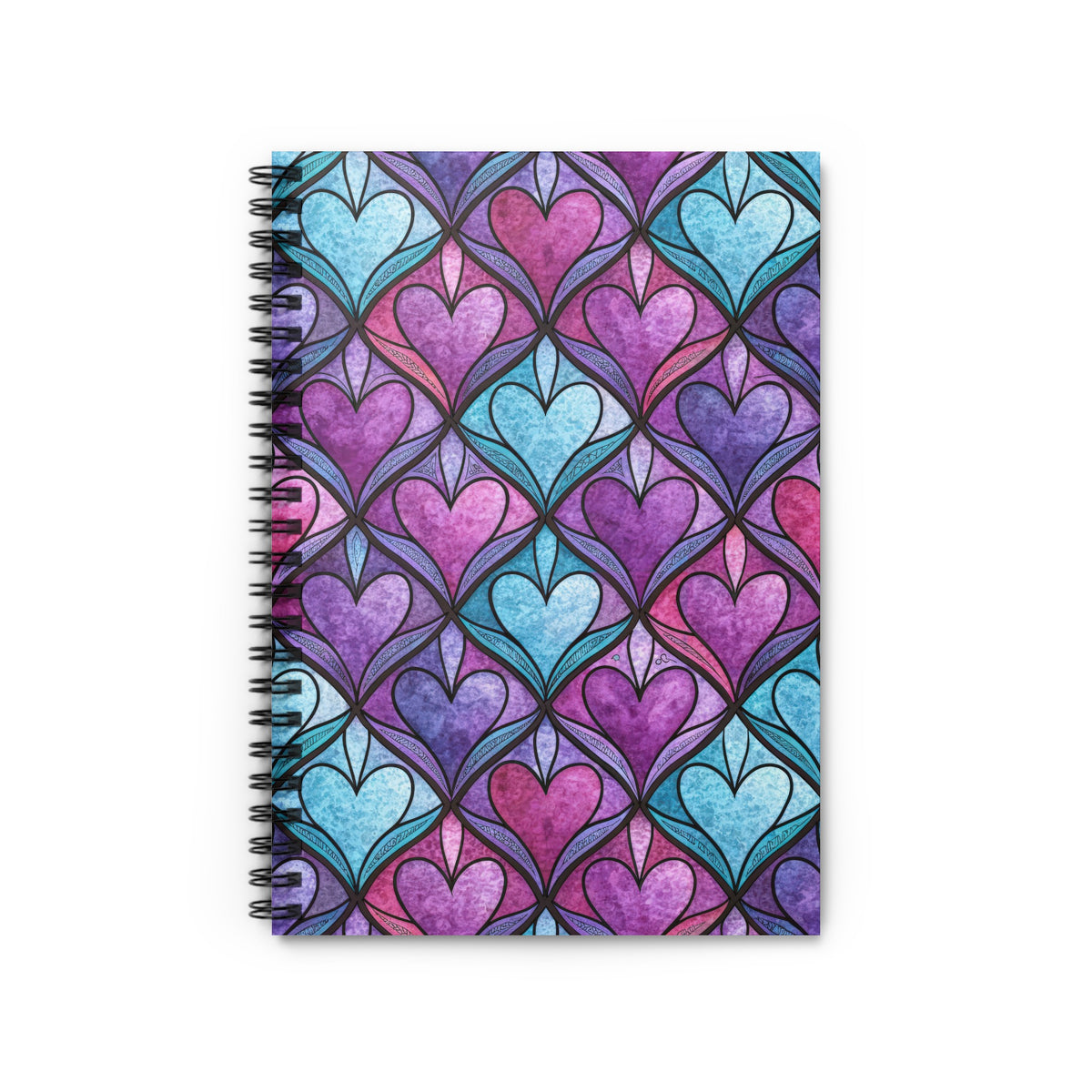 Spiral notebook with a stained glass-inspired heart pattern in purple and blue.