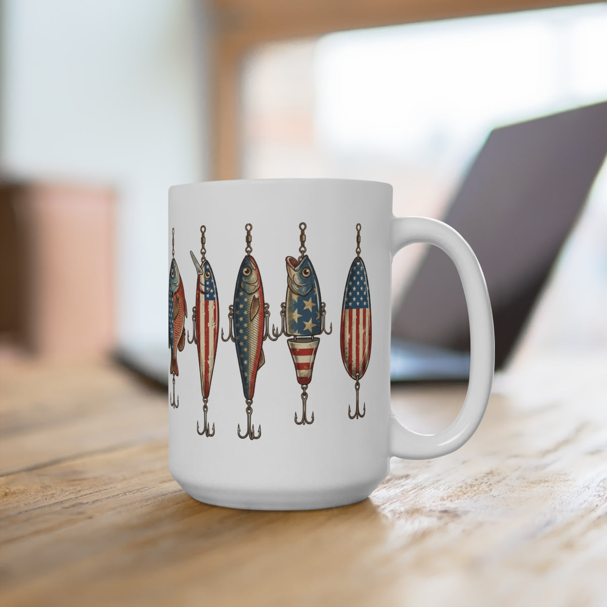 White mug with a repeating pattern of patriotic fish-shaped fishing lures.