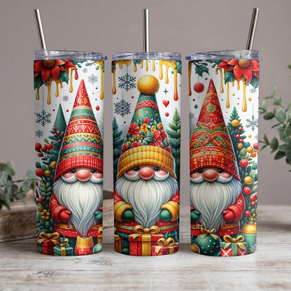 Three skinny tumblers featuring festive gnomes, Christmas trees, poinsettias, and gifts.