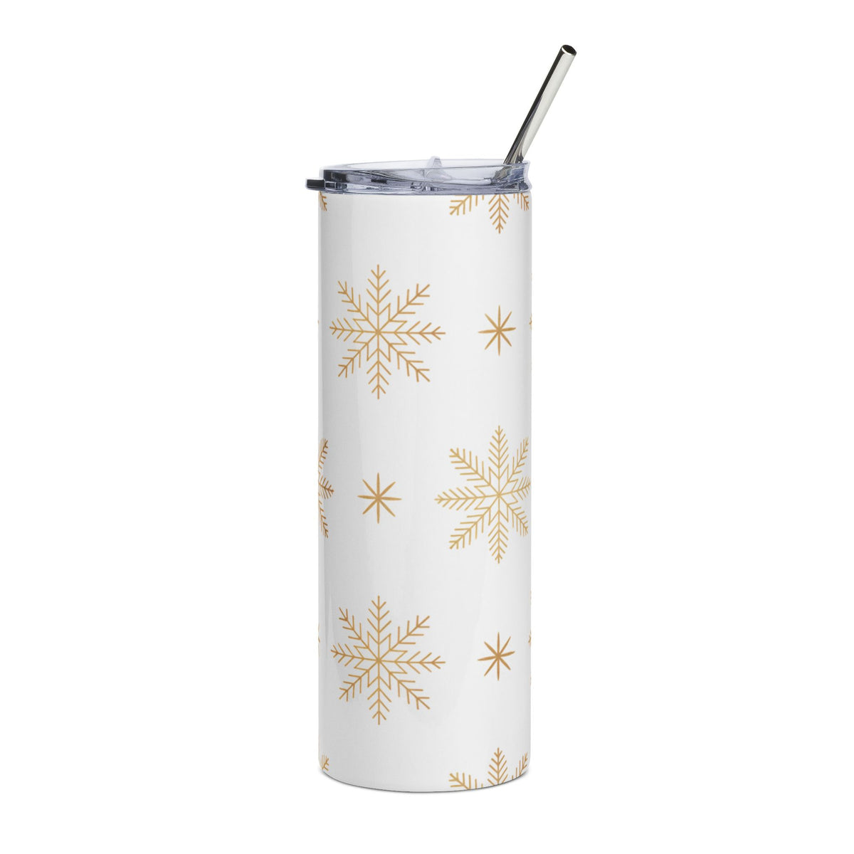 White tumbler with gold snowflake pattern and metal straw.