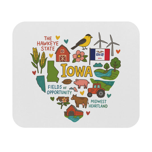 Iowa map design with farming and state symbols, including text "The Hawkeye State".