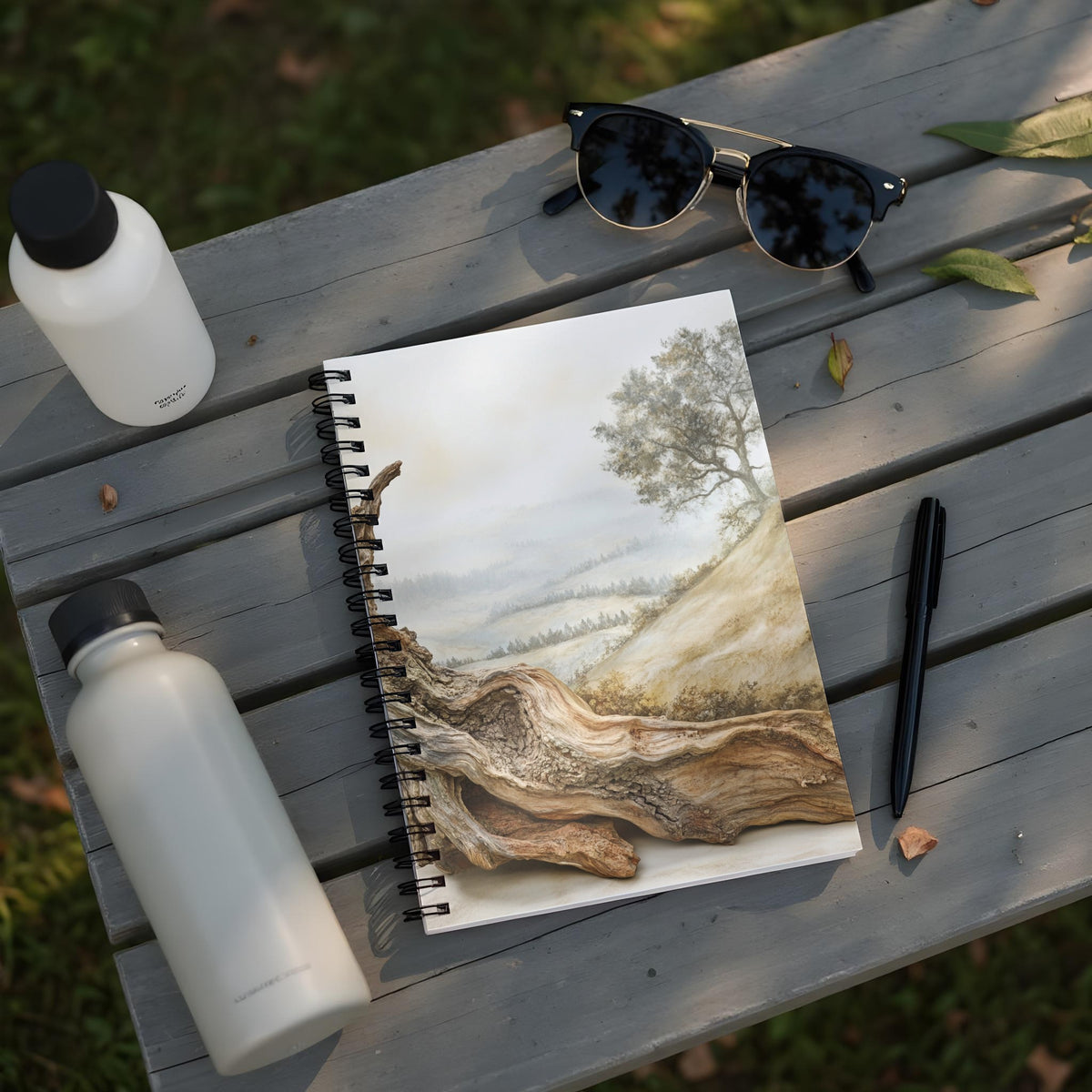 Notebook with landscape painting of a tree and driftwood on wooden surface.