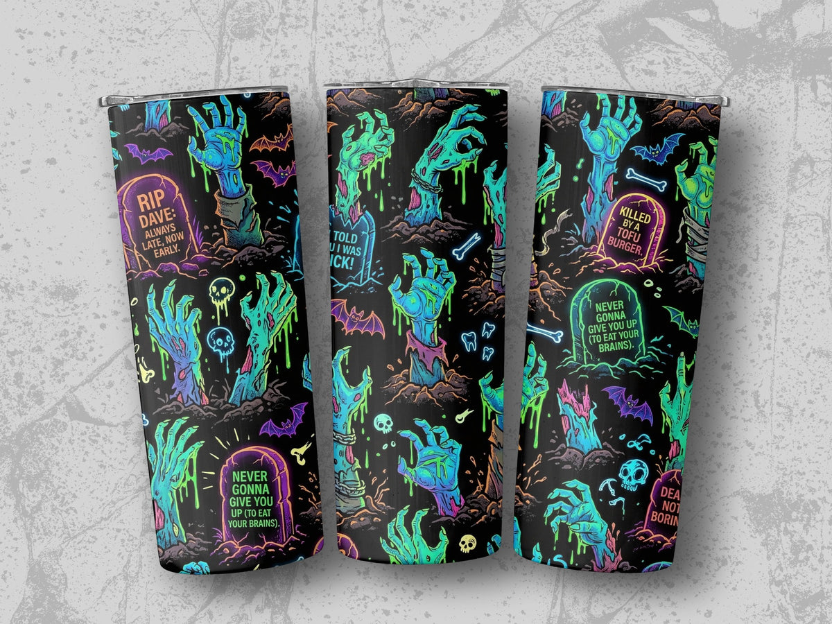 Three tumblers with a Halloween zombie hand graveyard pattern and text.