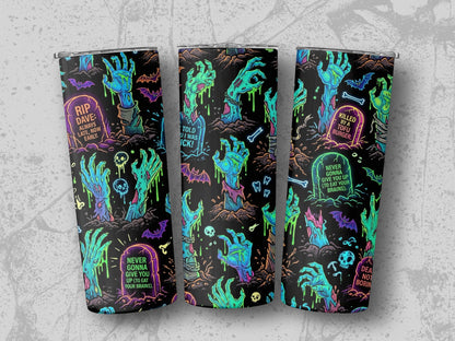 Three tumblers with a Halloween zombie hand graveyard pattern and text.