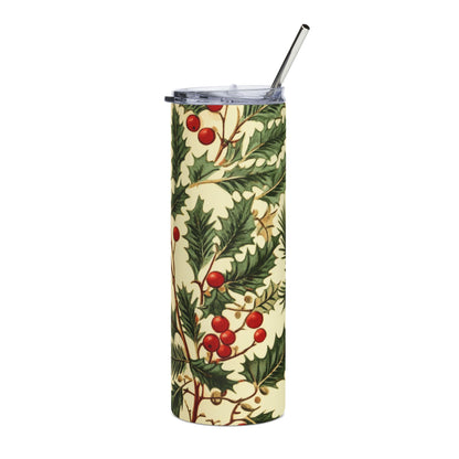 Travel tumbler with holly and berry pattern and silver straw