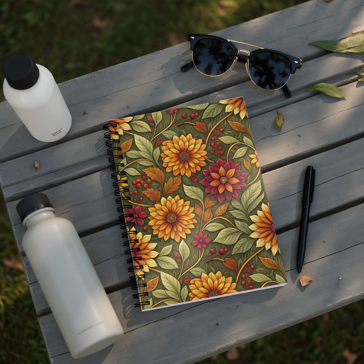 Spiral notebook with a floral design of sunflowers and berries on a wooden table.