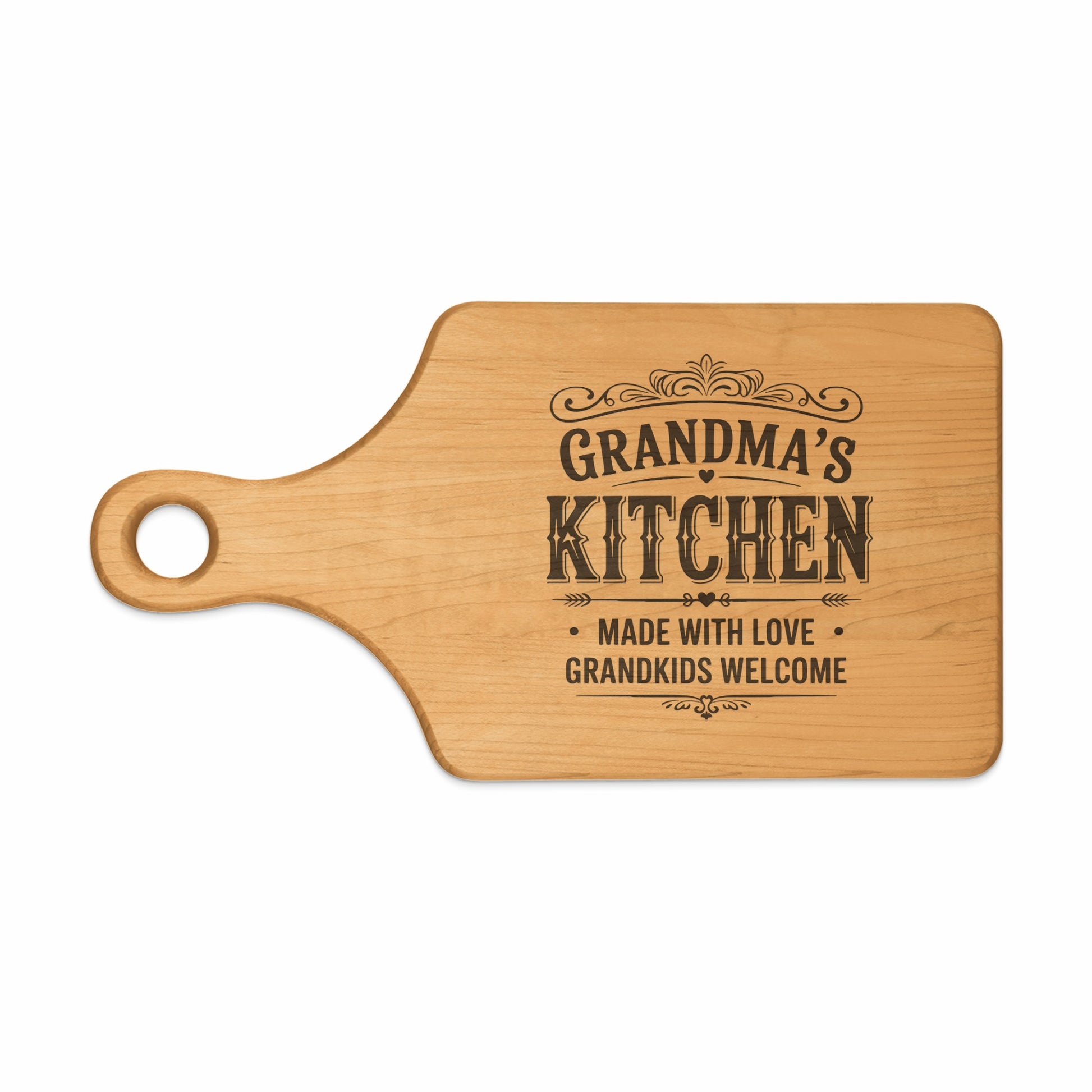 Wooden cutting board with "Grandma's Kitchen" and "Grandkids Welcome" text.