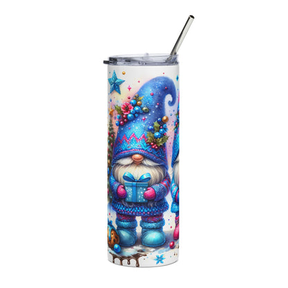 Tumbler with festive gnome, Christmas tree, and gift artwork.
