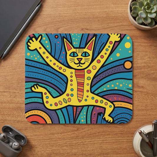 Stylized yellow cat with wide arms on a colorful background.