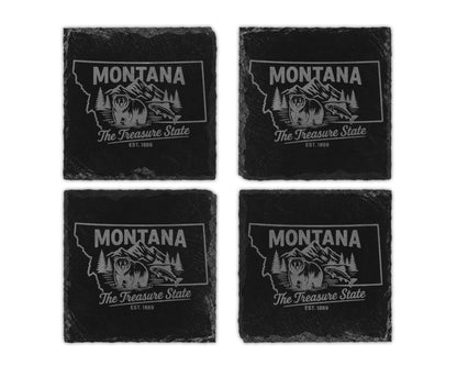 Four Montana slate coasters featuring a bear, fish, mountains, and trees.