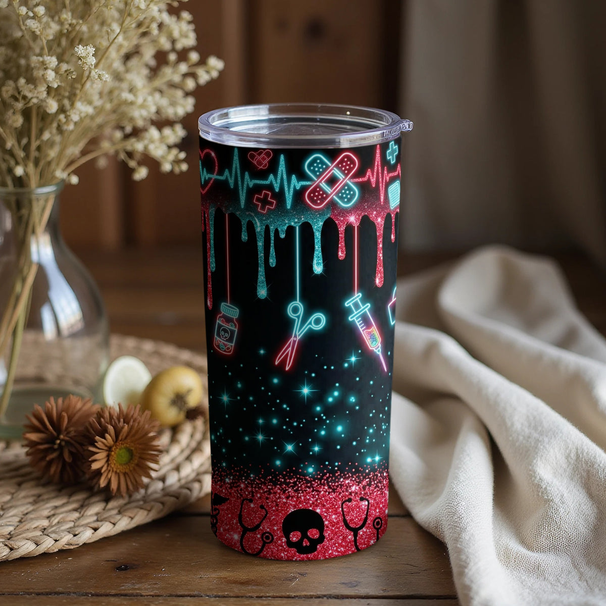 Tumbler with medical neon icons, glitter, and skull design.