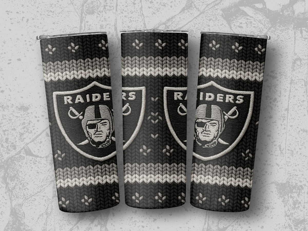 Las Vegas Raiders logo on dark knit tumblers with silver trim.
