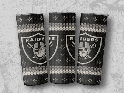Las Vegas Raiders logo on dark knit tumblers with silver trim.