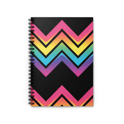 Spiral bound notebook with black cover featuring a rainbow chevron pattern.