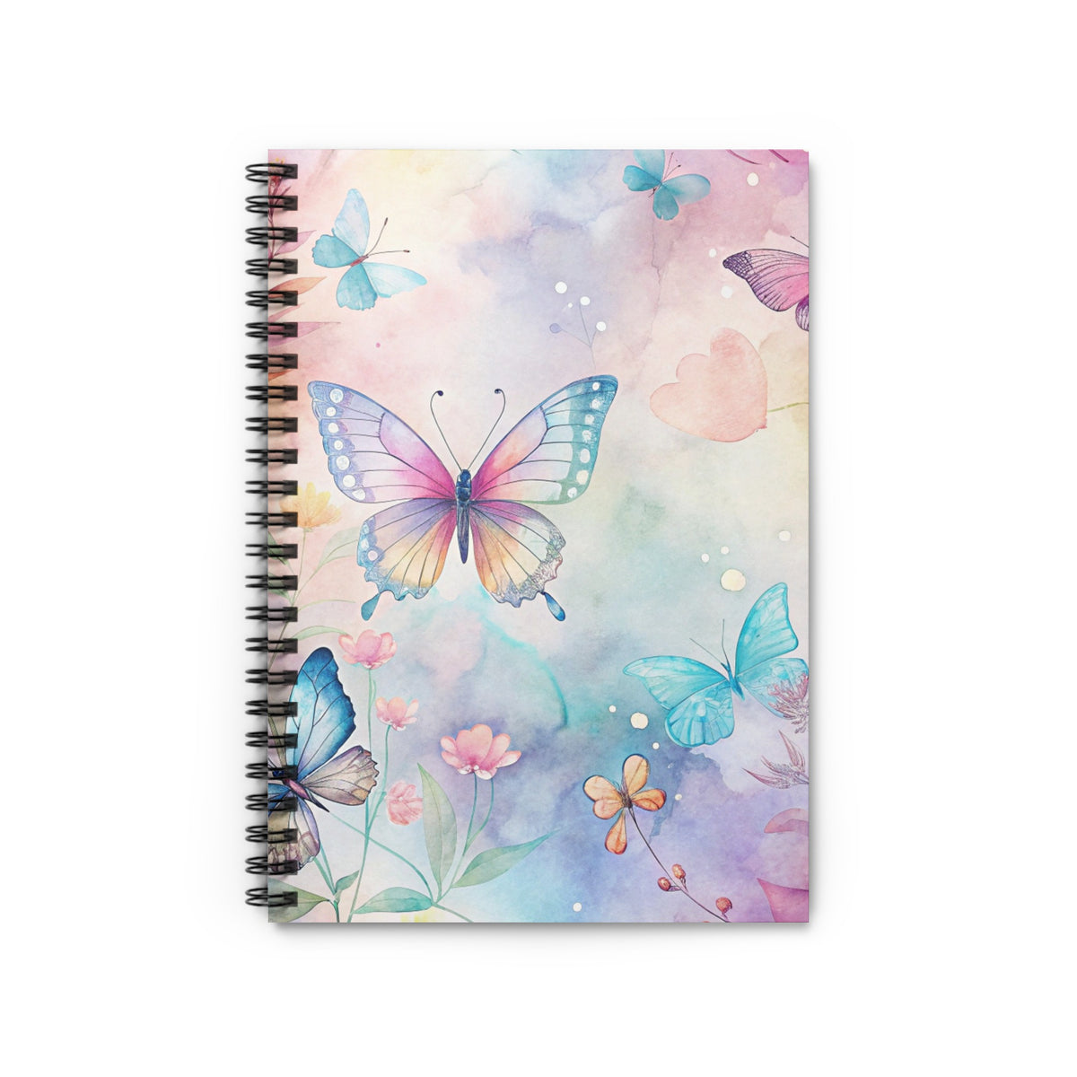 Spiral-bound notebook with a watercolor butterfly and floral design.