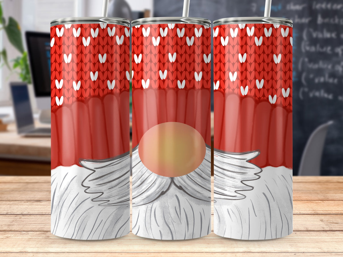 Red tumbler with white hearts, grey beard, and orange nose design.