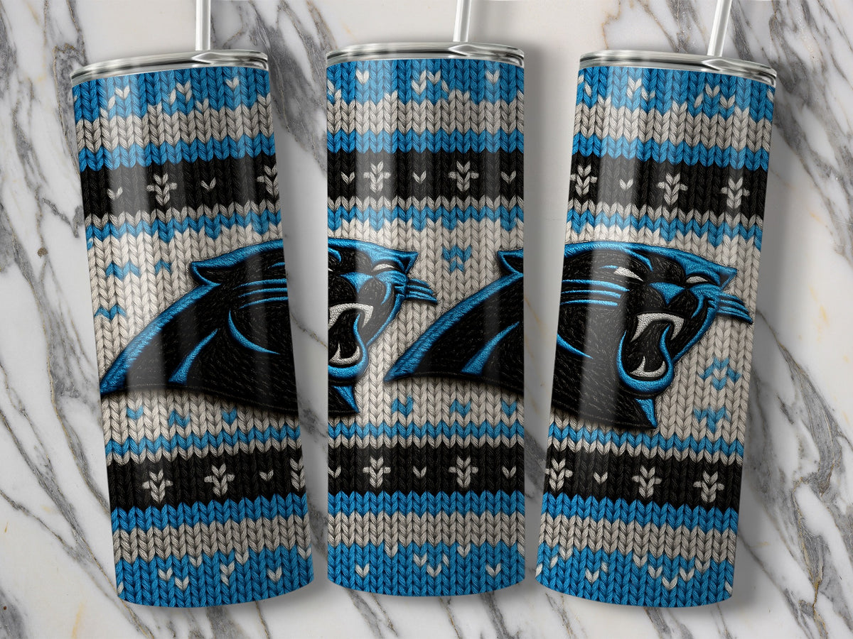 Carolina Panthers logo on a blue, gray, and black knitted pattern tumbler.