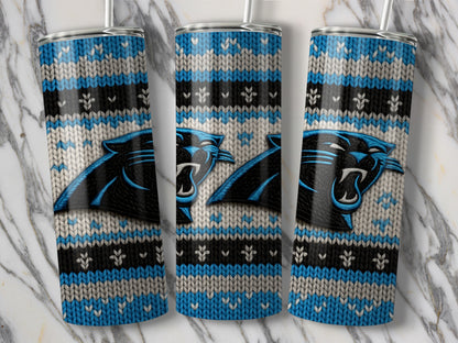 Carolina Panthers logo on a blue, gray, and black knitted pattern tumbler.