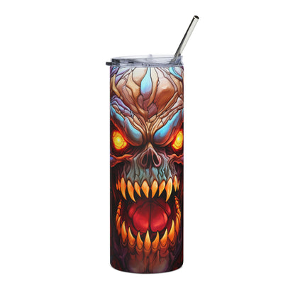 Tumbler with a detailed, glowing demonic skull graphic and a stainless steel straw.