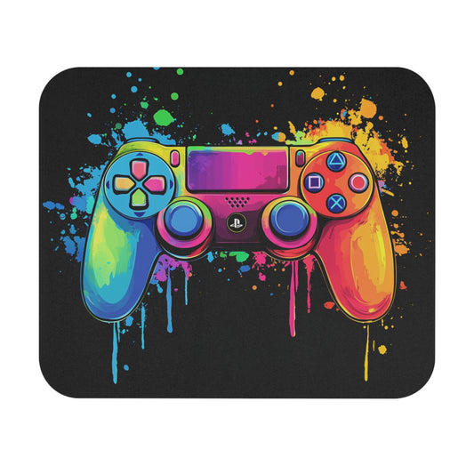 Video game controller with colorful paint splatters and drips on black background.