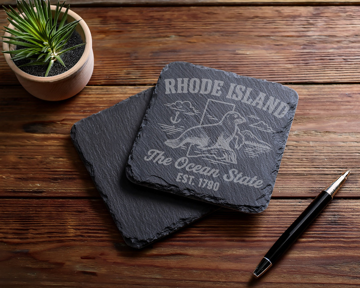 Engraved slate coasters with "Rhode Island The Ocean State Est. 1790" text.